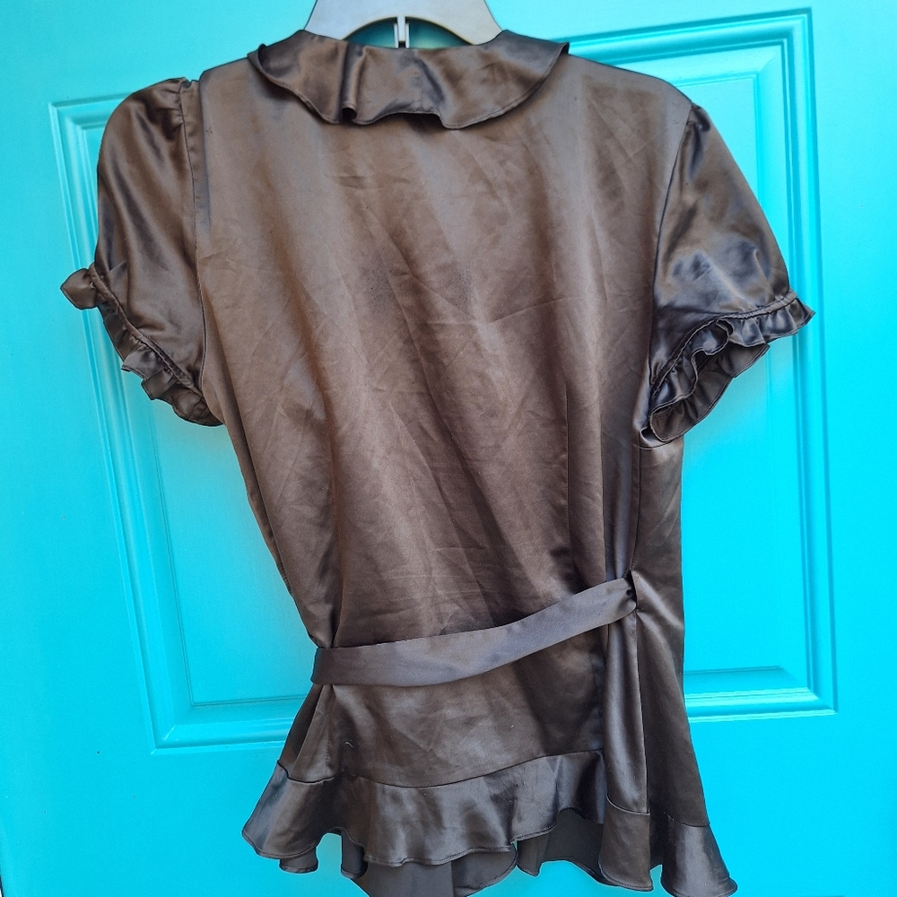 Wrap-Around Top Vintage Black Satin Ruffle Puff Sleeve Blouse - Picture 11 of 16